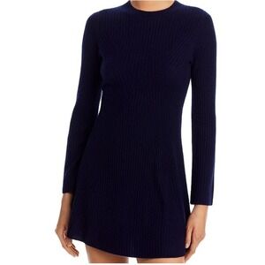 Aqua Cashmere Ribbed Mini Dress Navy 100% Cashmere Long Sleeves Size Large‎
